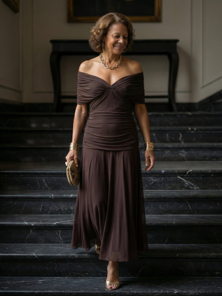 Justine | Robe midi décontractée à épaules dénudées Calen