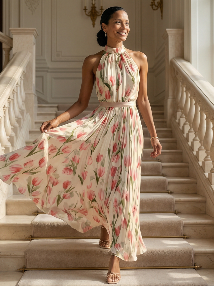 Héloïse | Robe midi à col halter à fleurs Aurelle